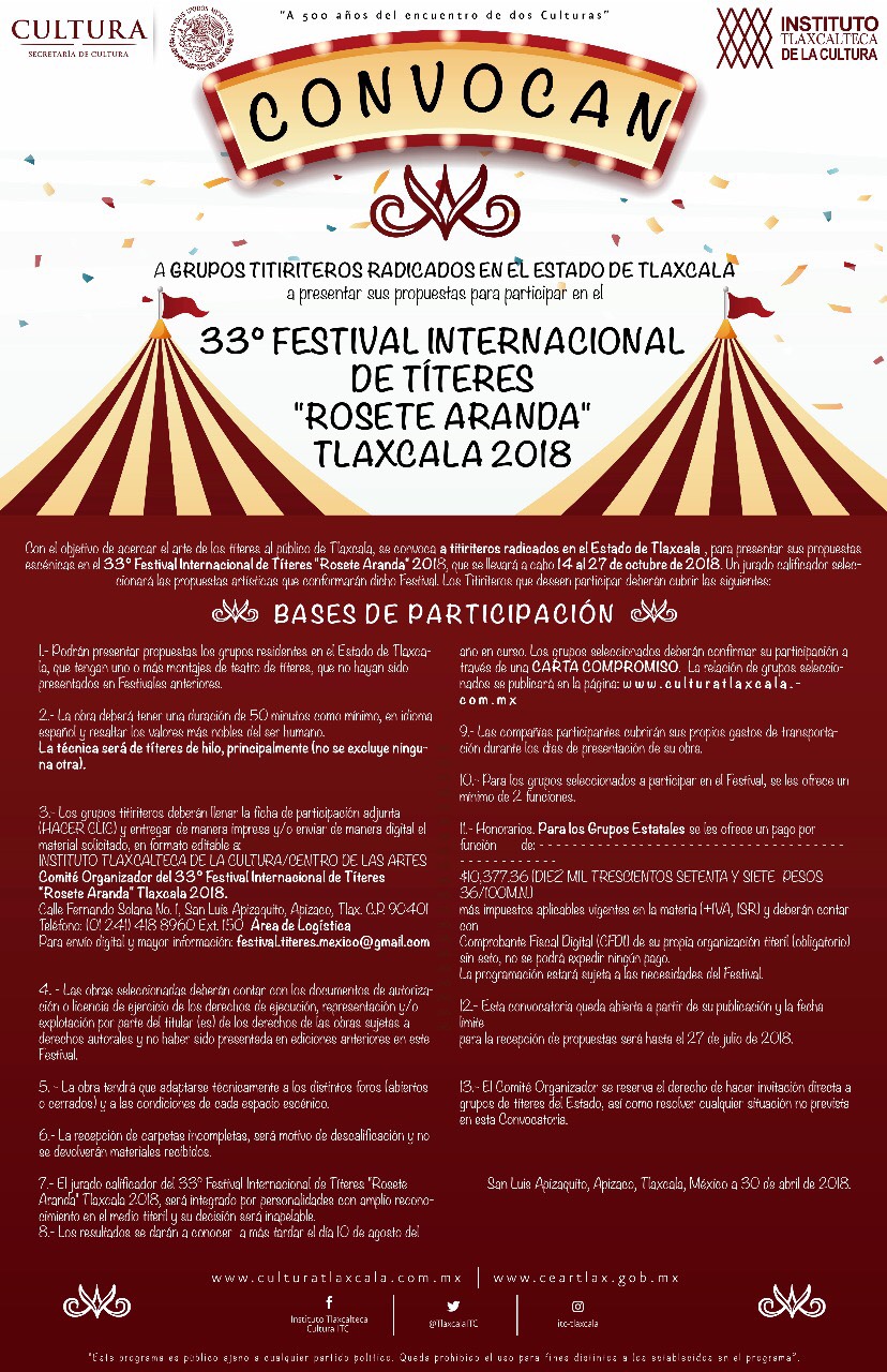 Emite ITC convocatoria para el 33° Festival Internacional de Títeres  “Rosete Aranda”